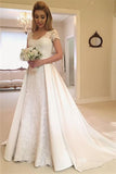 Lace Overskirt Jewel Appliques Cap Sleeves Wedding Dress