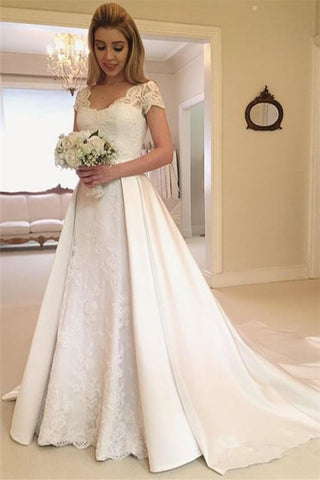 Lace Overskirt Jewel Appliques Cap Sleeves Wedding Dress