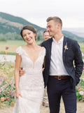 Mermaid Detachable Train V-neck Lace Cap Sleeve Wedding Dress