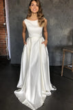 Pockets A Line Satin Scoop Sleeveless Wedding Dress