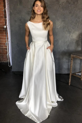 Pockets A Line Satin Scoop Sleeveless Wedding Dress