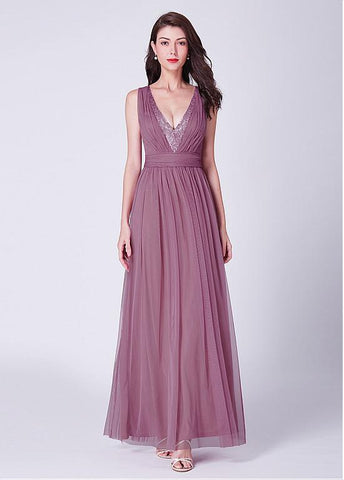 Tulle V-neck Pink A-line Evening Dress