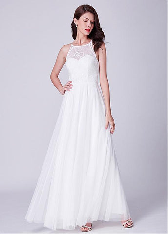 White Lace & Tulle Jewel Long A-line Prom Dress