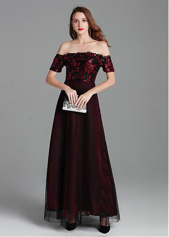 Tulle Off-the-shoulder Sequins Burgundy Evening Dress