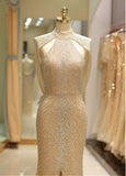 Tulle High Collar Backless Gold Mermaid Prom Dress
