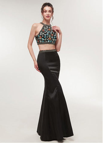Black Satin Halter Neckline Two-piece Mermaid Prom Dress