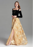 Velvet & Organza Off-the-shoulder Champagne Black Prom Dress