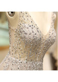 Beading Tulle V-neck Champagne Long Prom Dress