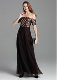 Tulle Off-the-shoulder Brown Short Sleeve A-line Prom Dress