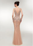 Jewel Sheer Long Beading Champagne Mermaid Evening Dress