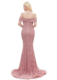 Lace Spaghetti Straps Pink Long Mermaid Evening Dress
