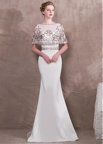Detachable Jacket Satin Spaghetti Straps White Mermaid Evening Dress
