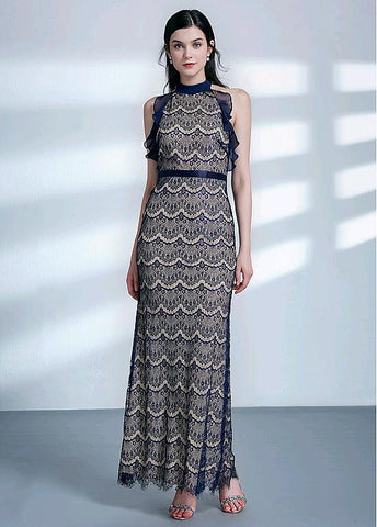Cheap Blue Lace Halter Sheath/Column Formal Dress