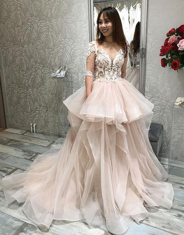 Champagne Half Sleeve V Neck Appliques Tulle Prom Dress