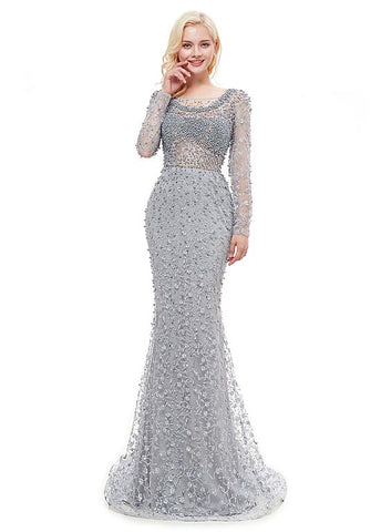 Lace Bateau Neckline Long Mermaid Formal Dress