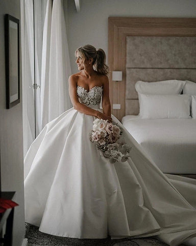 Appliques Sweep Train Satin Beading Ball Gown Wedding Dress