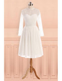 See Through Tulle Knee Length Sheer Round Long Sleeves Wedding Dress