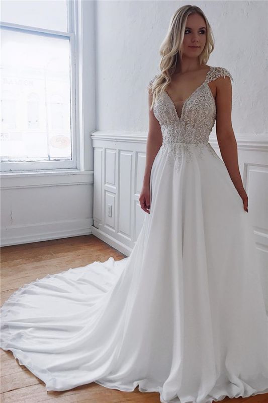 Beads Open Back Appliques V-neck Chiffon Backless Wedding Dresses US2 / White Beads Open Back Appliques V-neck Chiffon Backless Wedding Dresses US2 / White