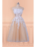 Lace Appliques Champagne Strapless Tea Length Wedding Dress