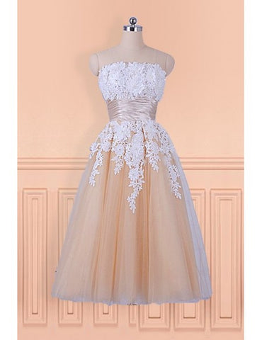 Lace Appliques Champagne Strapless Tea Length Wedding Dress