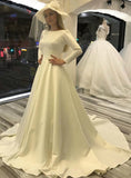 White Satin Long Sleeve Bateau Button Back Sweep Train Wedding Dress