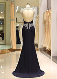 Spandex High Collar Black Sheer Back Mermaid Prom Dress