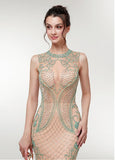 Champagne Jewel Beading Long Slit Mermaid Prom Dress