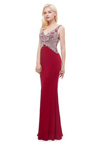 V-neck Red Beading Sexy Mermaid Evening Dress