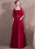 Lace Square Burgundy Evening Dress With Beadings & Belt