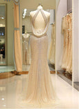 Tulle High Collar Backless Gold Mermaid Prom Dress