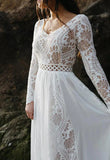 V Neck Long Sleeves Lace Beach Sheer Wedding Dress