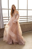 Pink Off The Shoulder Long Sleeve A Line Wedding Dress