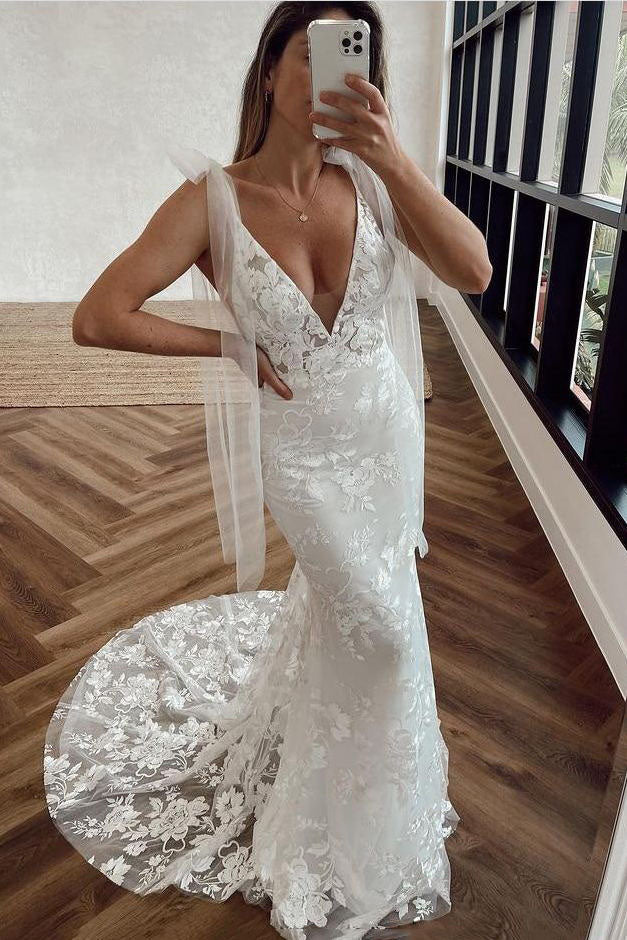 Mermaid V Neck Boho Wedding Dress Court Train Bridal Gown TD0025 US12 / Ivory Mermaid V Neck Boho Wedding Dress Court Train Bridal Gown TD0025 US12 / Ivory
