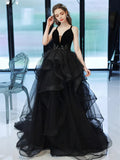 V Neck Backless Black Tulle Ruffles Long Prom Dress