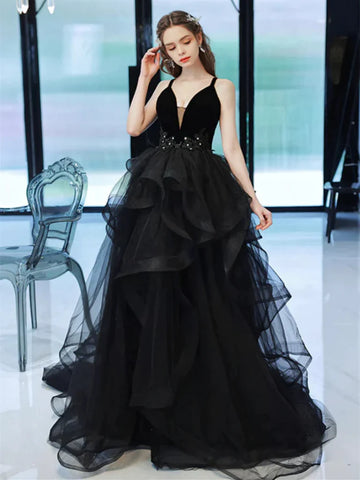 V Neck Backless Black Tulle Ruffles Long Prom Dress