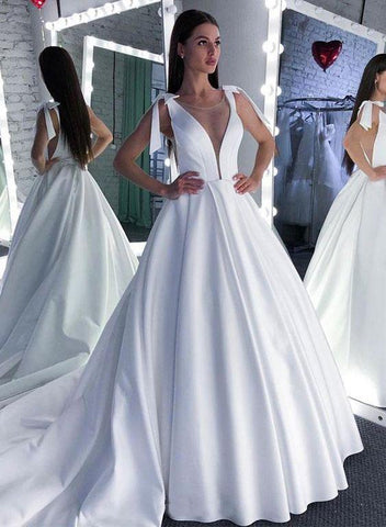 Satin V Neck A Line Sexy Bowknot Wedding Dress