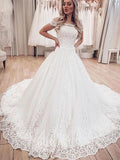 Off The Shoulder Chapel Train Appliques Tulle A Line Wedding Dress