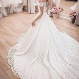 Off The Shoulder Chapel Train Appliques Tulle A Line Wedding Dress