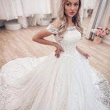 Off The Shoulder Chapel Train Appliques Tulle A Line Wedding Dress