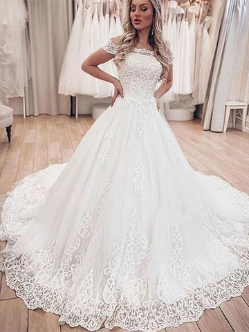 Off The Shoulder Chapel Train Appliques Tulle A Line Wedding Dress