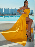 Yellow One Shoulder Satin Prom Dress With Slit