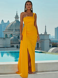 Yellow One Shoulder Satin Prom Dress With Slit