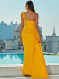 Yellow One Shoulder Satin Prom Dress With Slit
