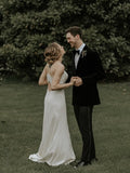 White Sheath Appliques Satin Spaghetti Straps Wedding Dress