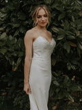 White Sheath Appliques Satin Spaghetti Straps Wedding Dress