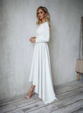 White Satin Hi Lo Long Sleeve Backless Wedding Dress