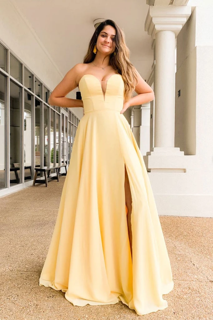 Sweetheart Long Satin Light Yellow Prom Dress With Slit Sweetheart Long Satin Light Yellow Prom Dress With Slit