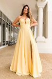 Sweetheart Long Satin Light Yellow Prom Dress With Slit