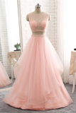 Pink See Through Tulle Beading Strapless Two Piece Prom Dress