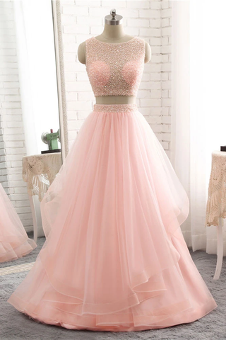 Pink See Through Tulle Beading Strapless Two Piece Prom Dress